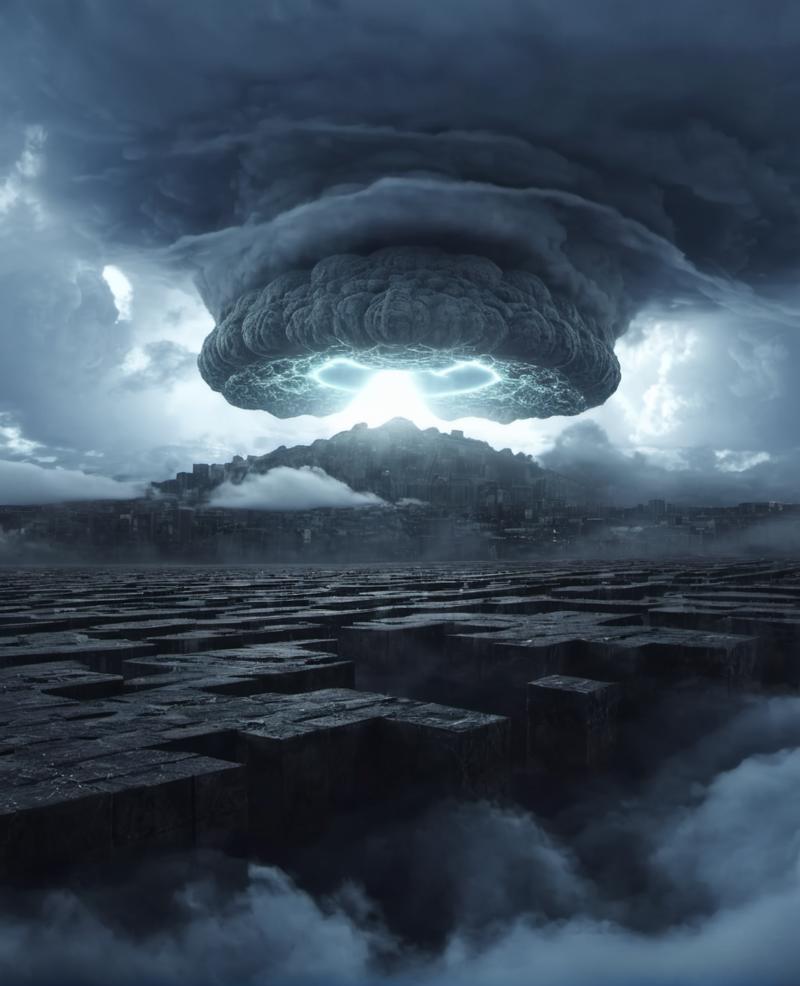 00055-bleakfaith,gigantic glowing cloud monster,lying between floating omnistructures,surrounded by clouds,science fiction,panorama of.png